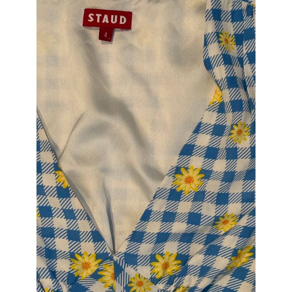 STAUD Milla Print Mini Dress Blue Gingham Daisy Plaid Puff Sleeve (sz 4) - Picture 5 of 6